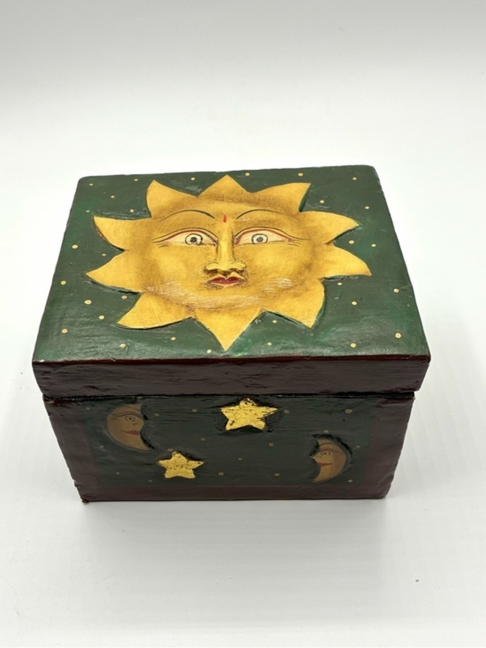 Vintage Folk Art Celestial Sun Moon Yin Yang Wooden Trinket Box